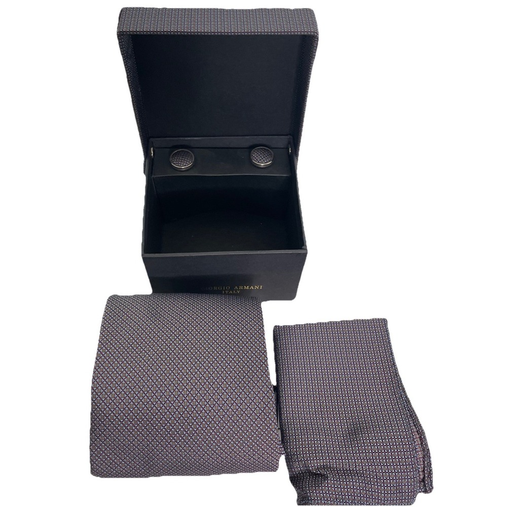 New Designer Giorgio Armani Neck Gray Silk Tie Cufflinks Pocket Square Set